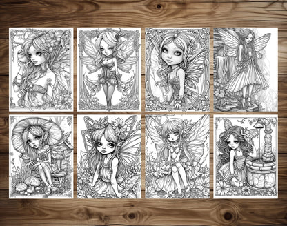 50 Fantasy Fairy Girl Grayscale Coloring Pages - Instant Download - Printable PDF Dark/Light – preview 5