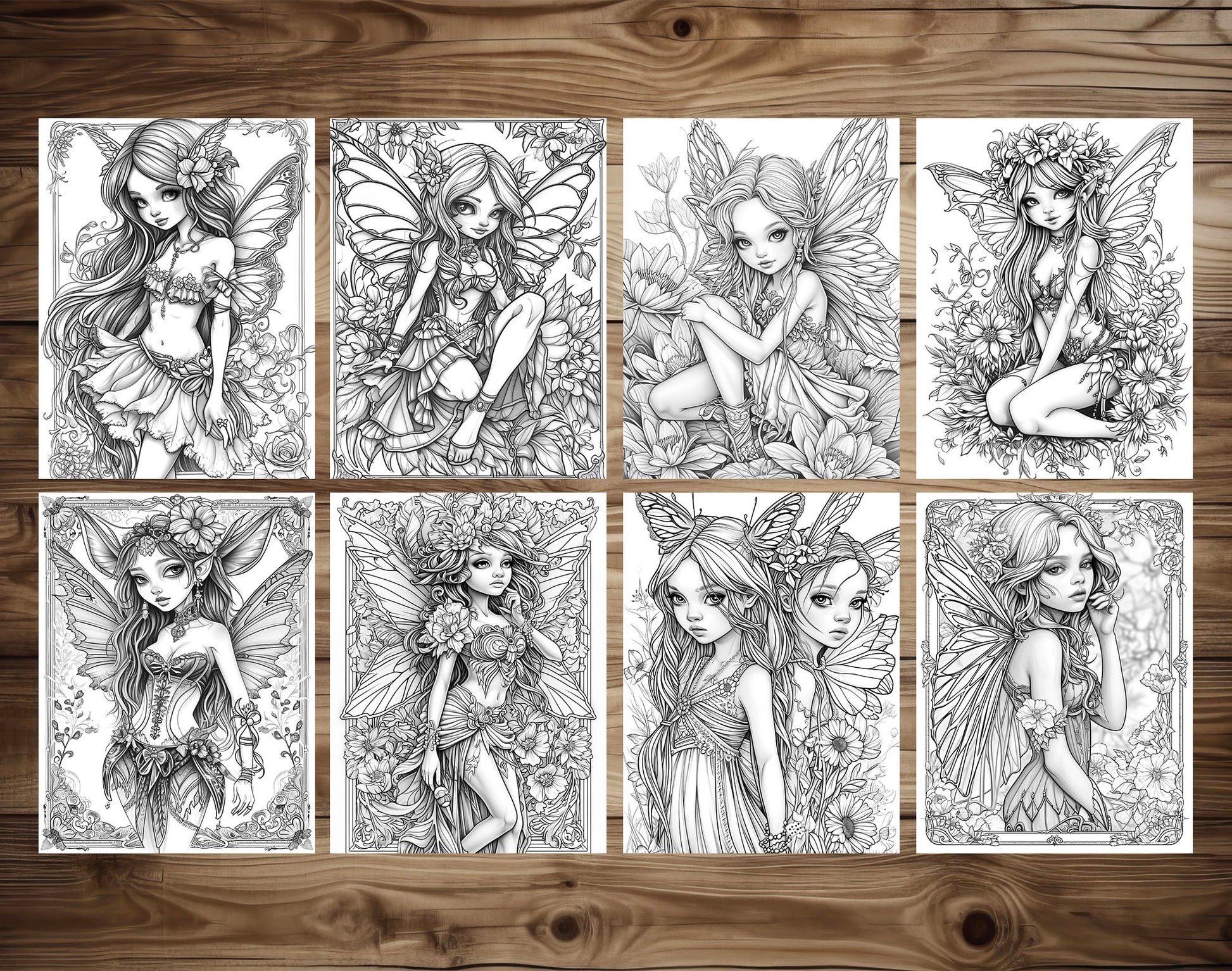 50 Fantasy Fairy Girl Grayscale Coloring Pages - Instant Download - Printable PDF Dark/Light – preview 6
