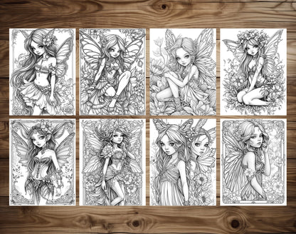 50 Fantasy Fairy Girl Grayscale Coloring Pages - Instant Download - Printable PDF Dark/Light – preview 6