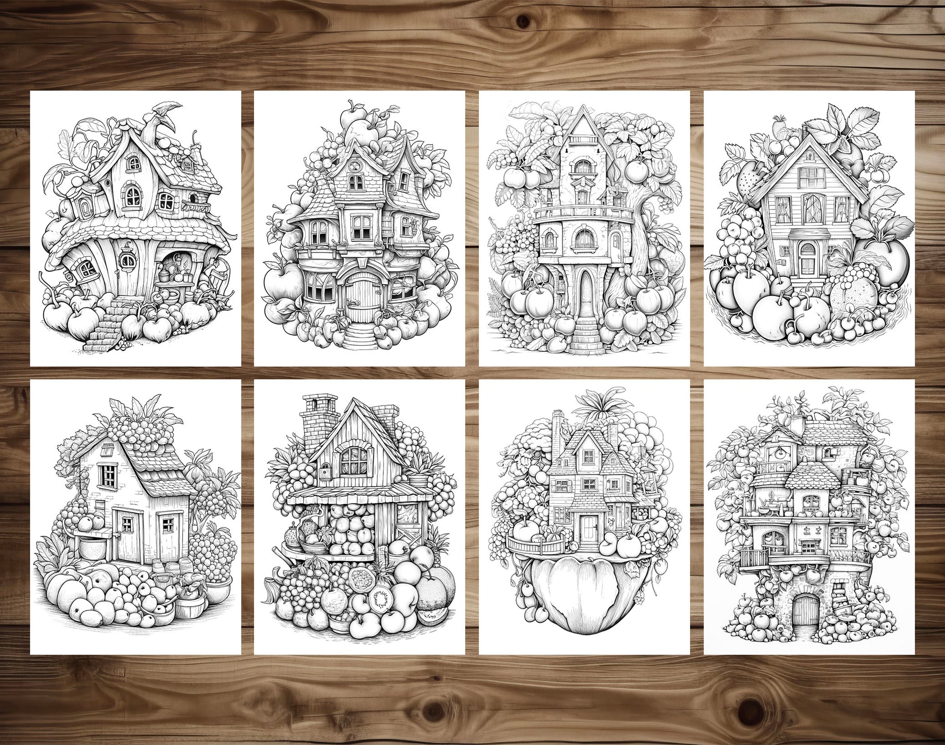 50 Fantasy Fruit House Coloring Pages - Instant Download - Printable PDF – preview 4