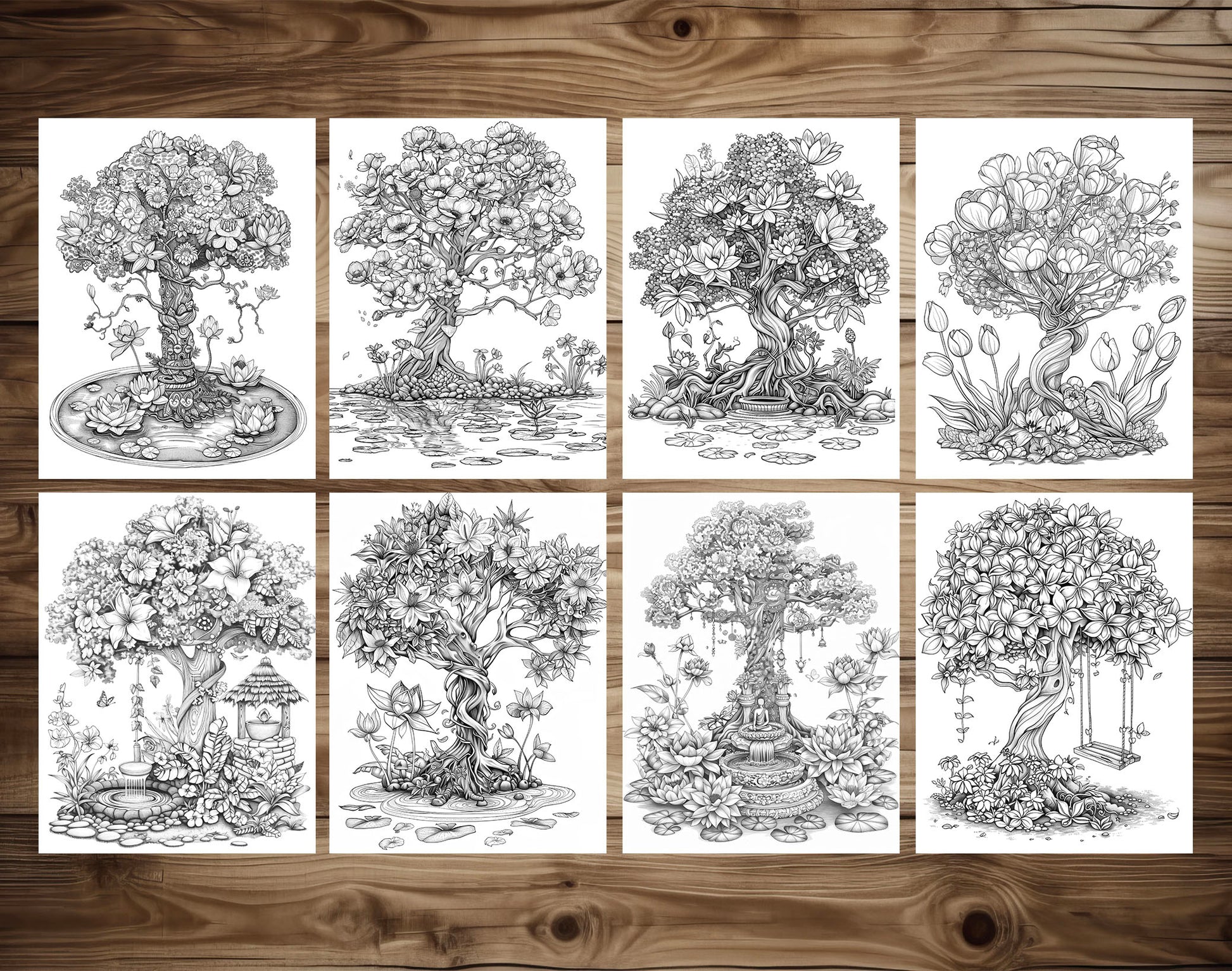 50 Floral Tree Coloring Pages - Instant Download - Printable PDF – preview 5