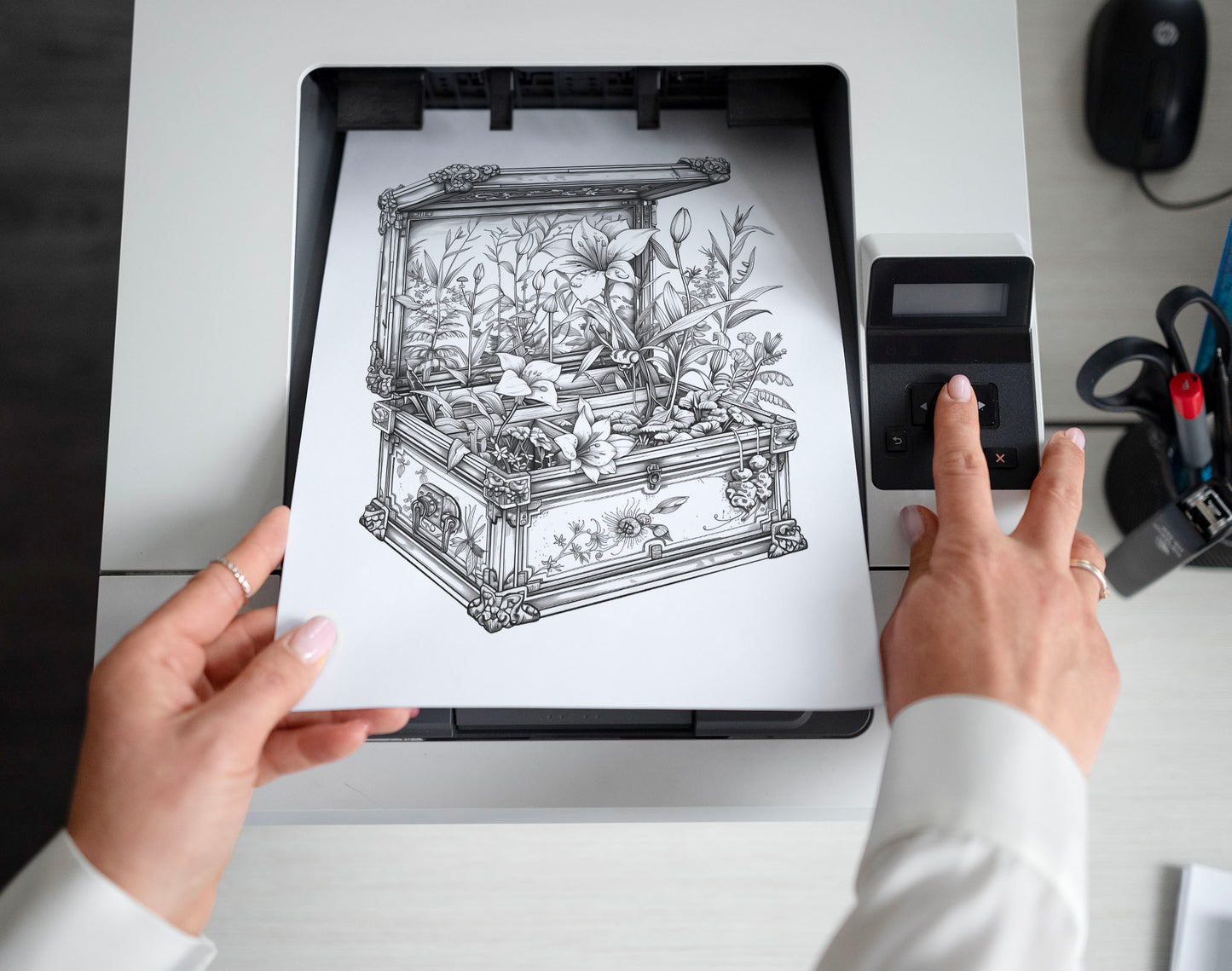 50 Flower Chest Box Grayscale Coloring Pages - Instant Download - Printable PDF Dark/Light – preview 2