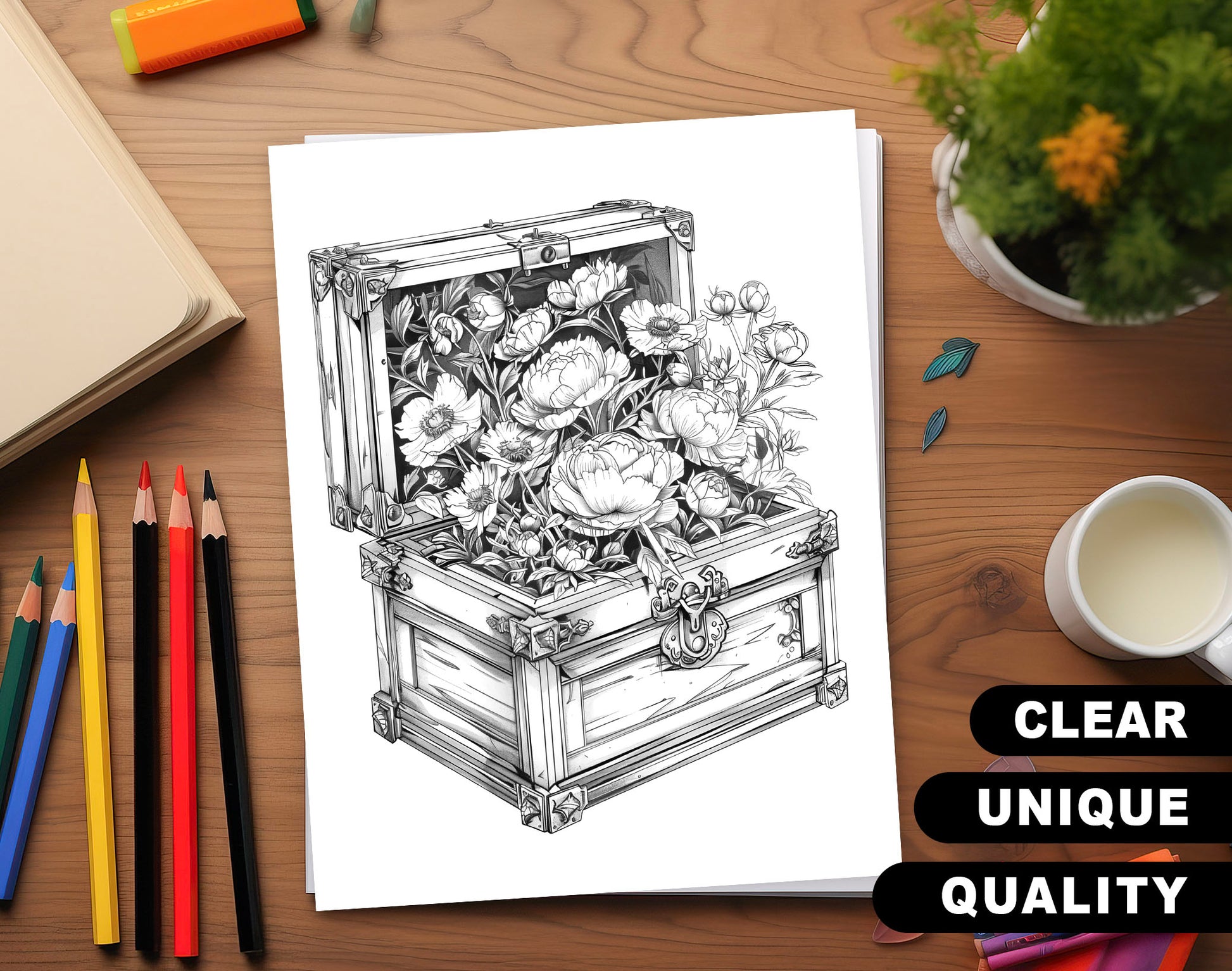 50 Flower Chest Box Grayscale Coloring Pages - Instant Download - Printable PDF Dark/Light – preview 3