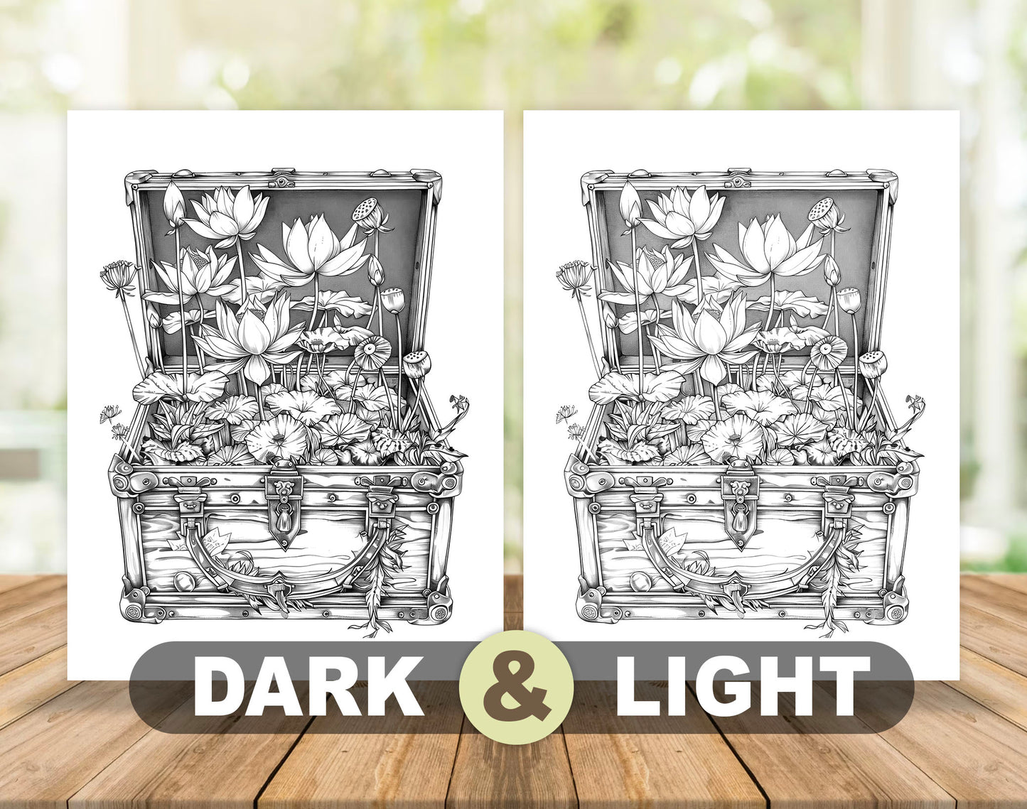 50 Flower Chest Box Grayscale Coloring Pages - Instant Download - Printable PDF Dark/Light – preview 4