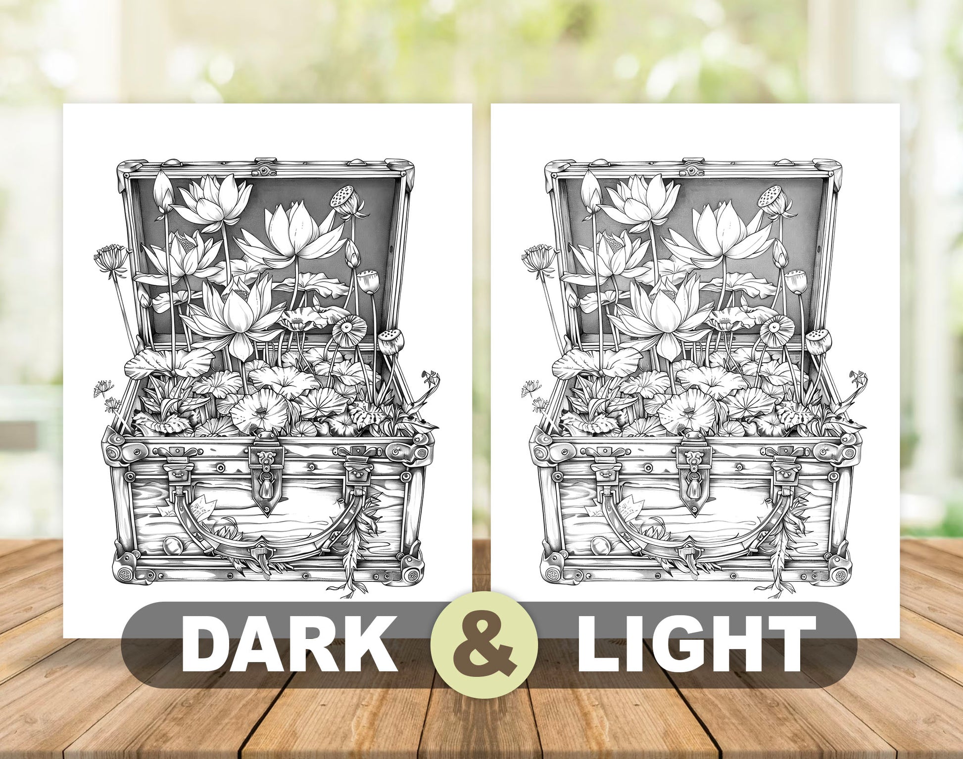 50 Flower Chest Box Grayscale Coloring Pages - Instant Download - Printable PDF Dark/Light – preview 4