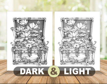 50 Flower Chest Box Grayscale Coloring Pages - Instant Download - Printable PDF Dark/Light – preview 4
