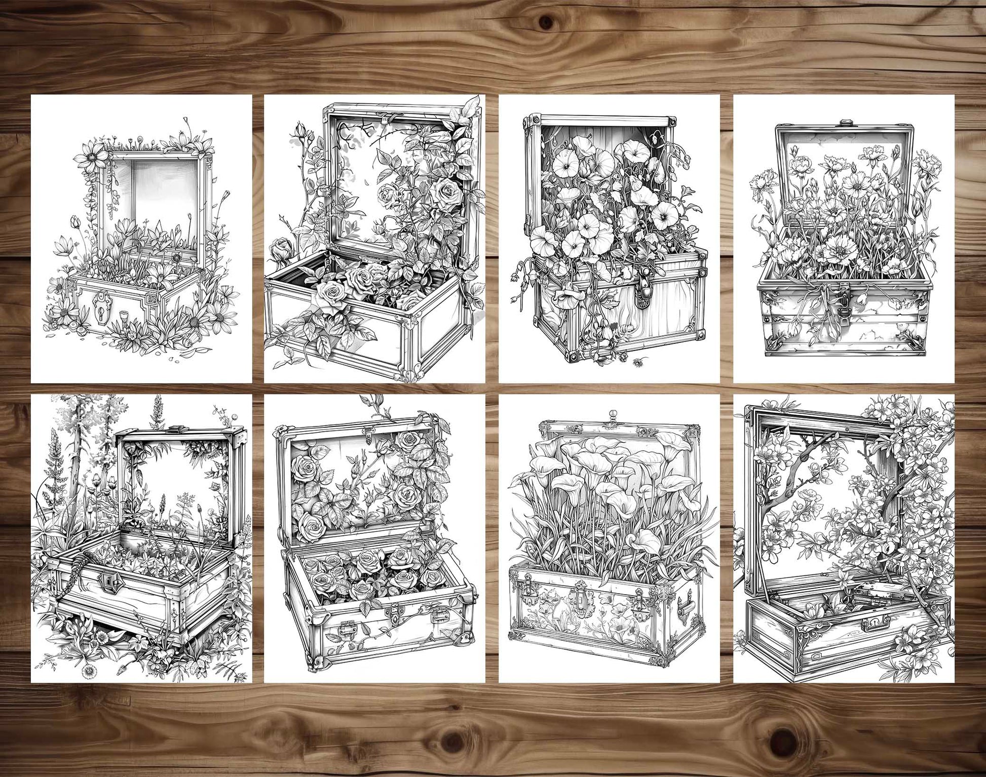 50 Flower Chest Box Grayscale Coloring Pages - Instant Download - Printable PDF Dark/Light – preview 5