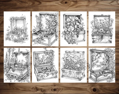 50 Flower Chest Box Grayscale Coloring Pages - Instant Download - Printable PDF Dark/Light – preview 5
