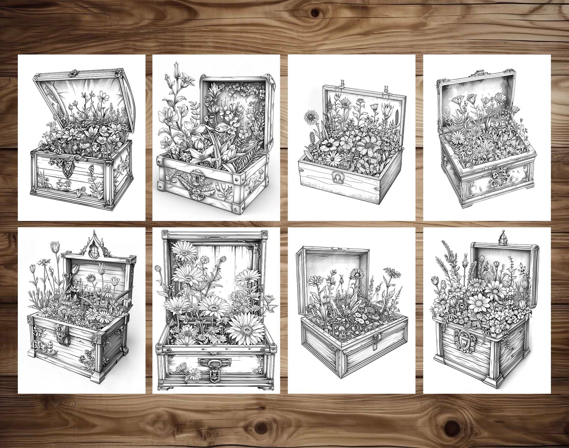 50 Flower Chest Box Grayscale Coloring Pages - Instant Download - Printable PDF Dark/Light – preview 6
