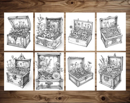 50 Flower Chest Box Grayscale Coloring Pages - Instant Download - Printable PDF Dark/Light – preview 6