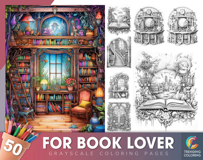 50 For Book Lover Grayscale Coloring Pages - Instant Download - Printable PDF Dark/Light