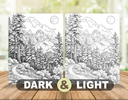 50 Forest Scene Grayscale Coloring Pages - Instant Download - Printable PDF Dark/Light – preview 4