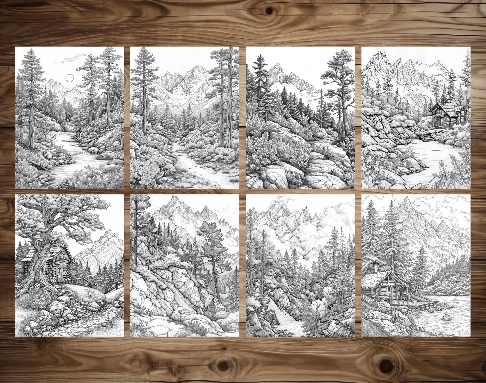 50 Forest Scene Grayscale Coloring Pages - Instant Download - Printable PDF Dark/Light – preview 5