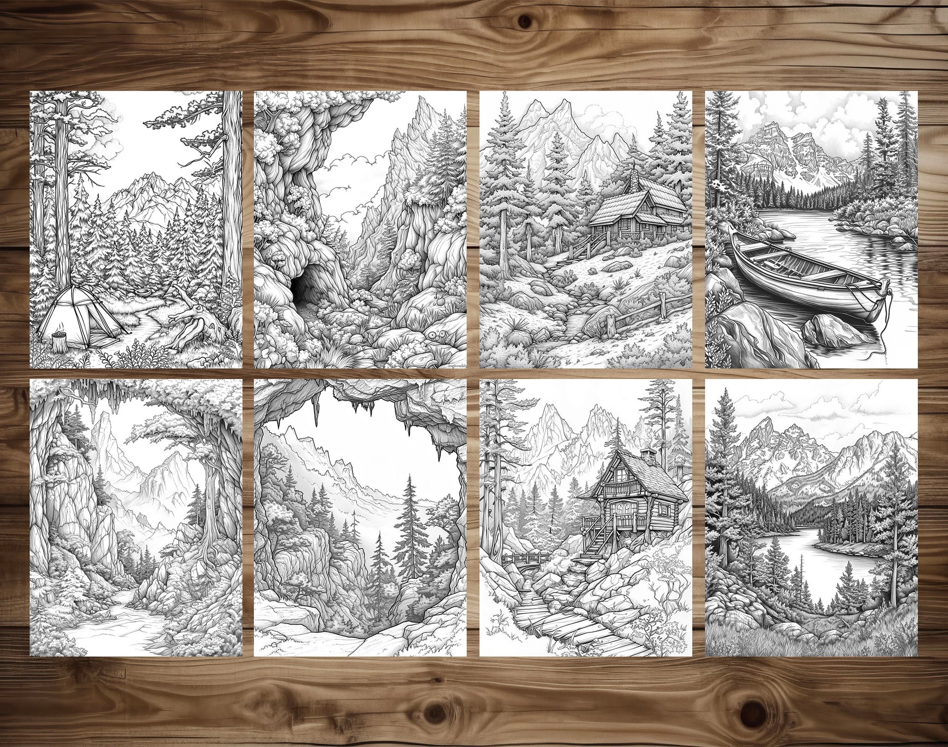 50 Forest Scene Grayscale Coloring Pages - Instant Download - Printable PDF Dark/Light – preview 6