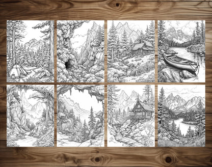 50 Forest Scene Grayscale Coloring Pages - Instant Download - Printable PDF Dark/Light – preview 6