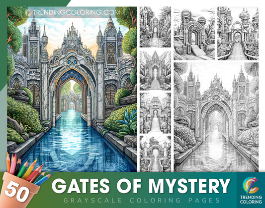 50 Gates Of Mystery Grayscale Coloring Pages - Instant Download - Printable PDF Dark/Light