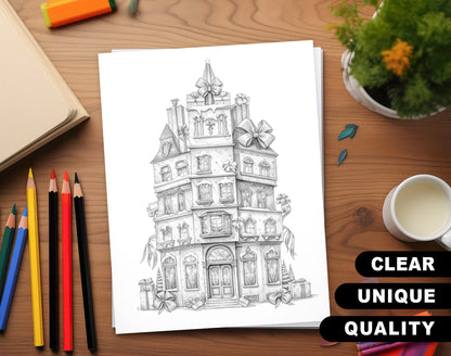 50 Gift Box House Grayscale Coloring Pages - Instant Download - Printable PDF Dark/Light – preview 3