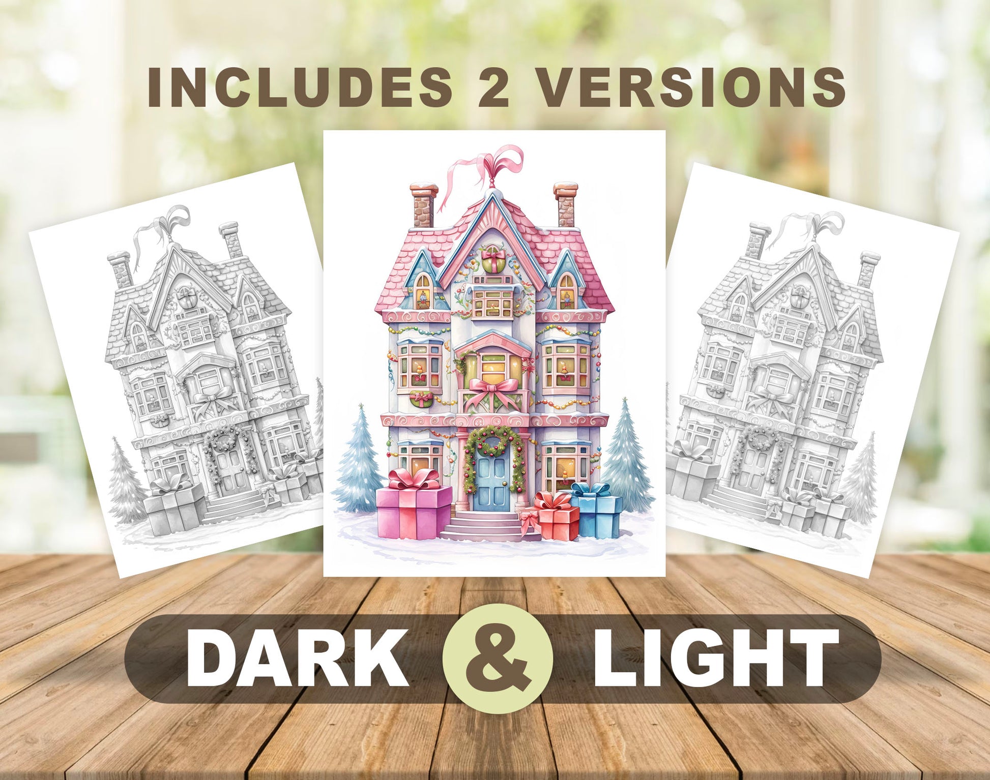 50 Gift Box House Grayscale Coloring Pages - Instant Download - Printable PDF Dark/Light – preview 4