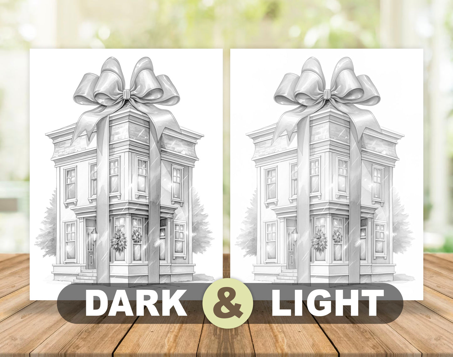 50 Gift Box House Grayscale Coloring Pages - Instant Download - Printable PDF Dark/Light – preview 5