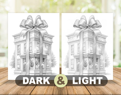 50 Gift Box House Grayscale Coloring Pages - Instant Download - Printable PDF Dark/Light – preview 5