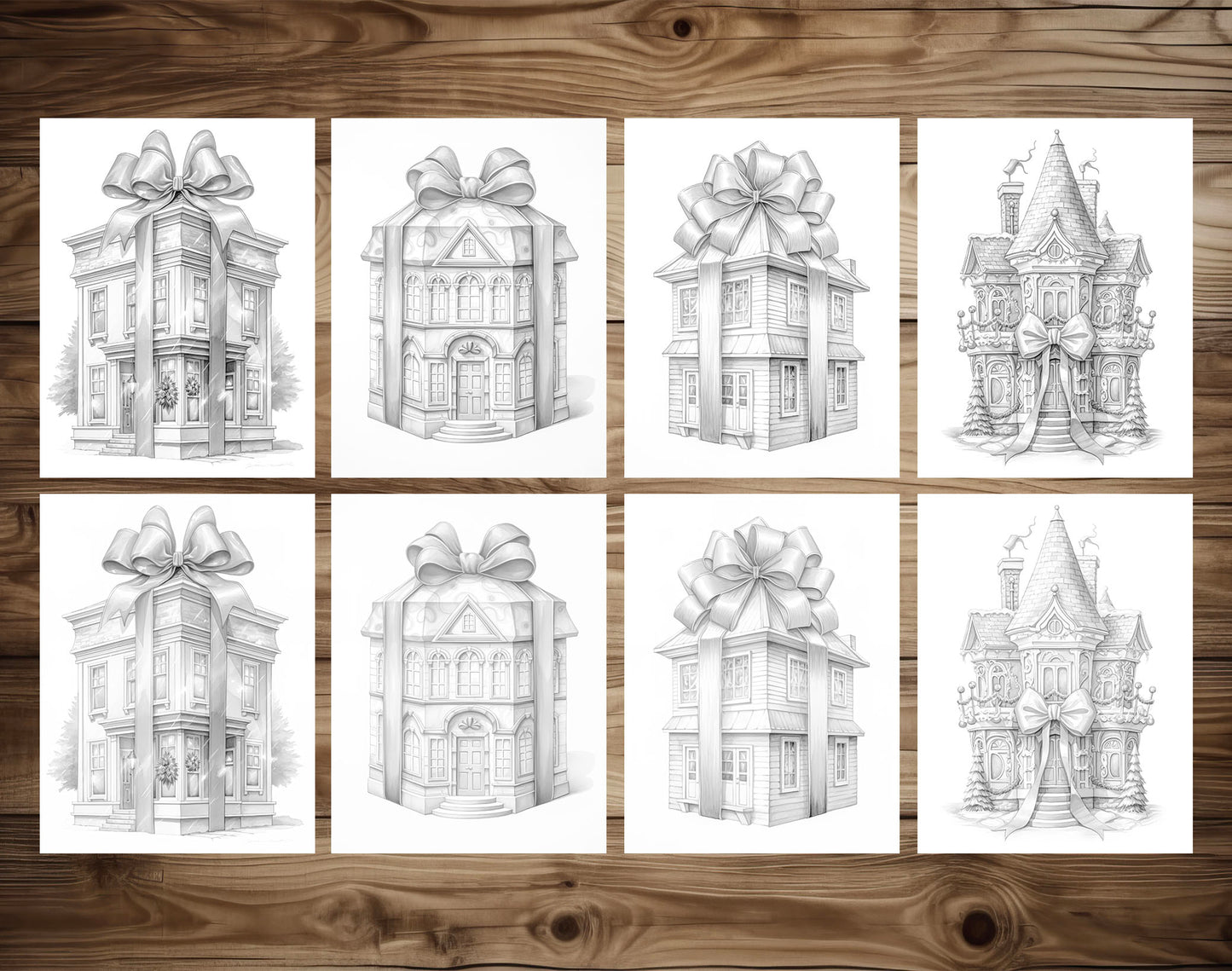 50 Gift Box House Grayscale Coloring Pages - Instant Download - Printable PDF Dark/Light – preview 6