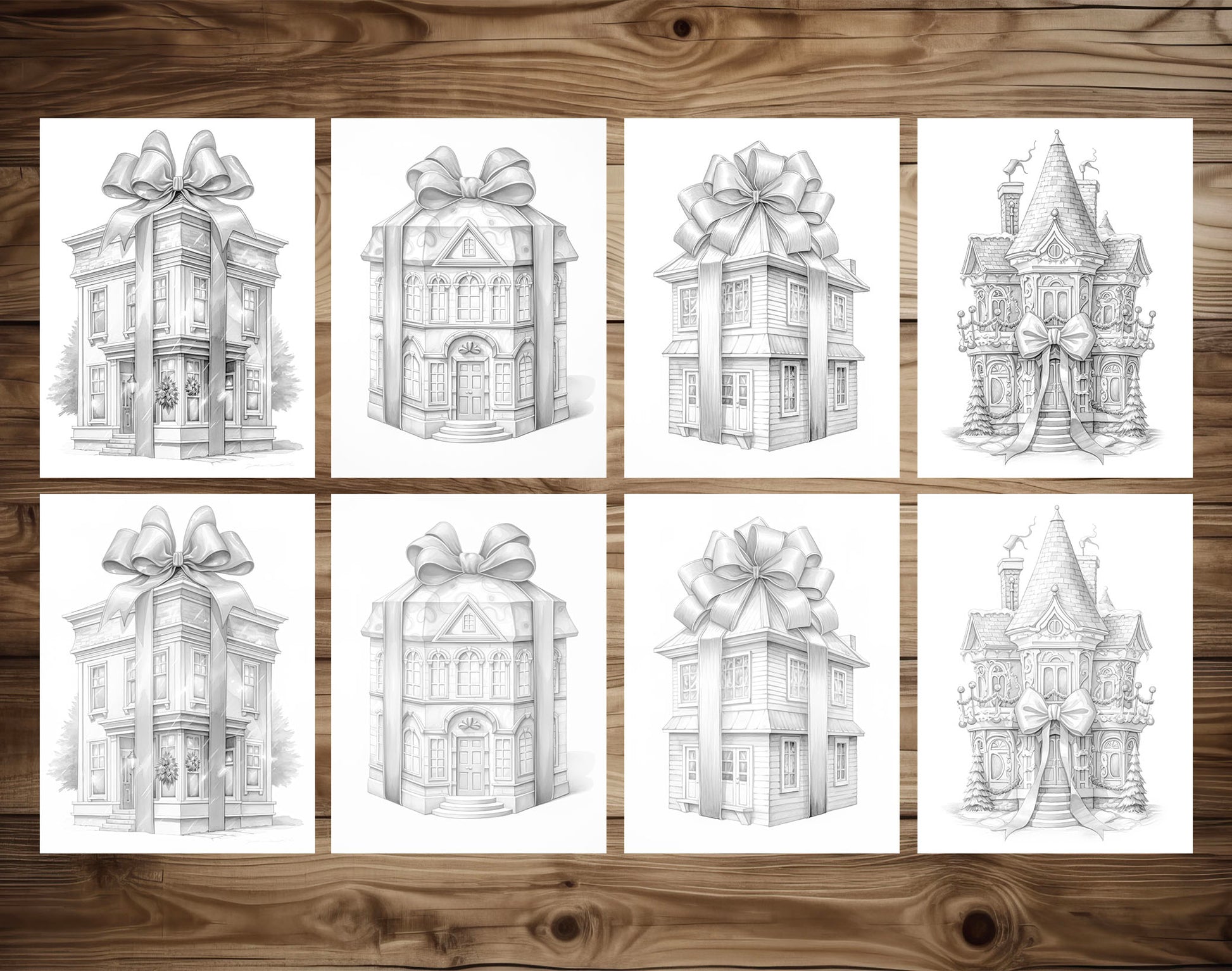 50 Gift Box House Grayscale Coloring Pages - Instant Download - Printable PDF Dark/Light – preview 6