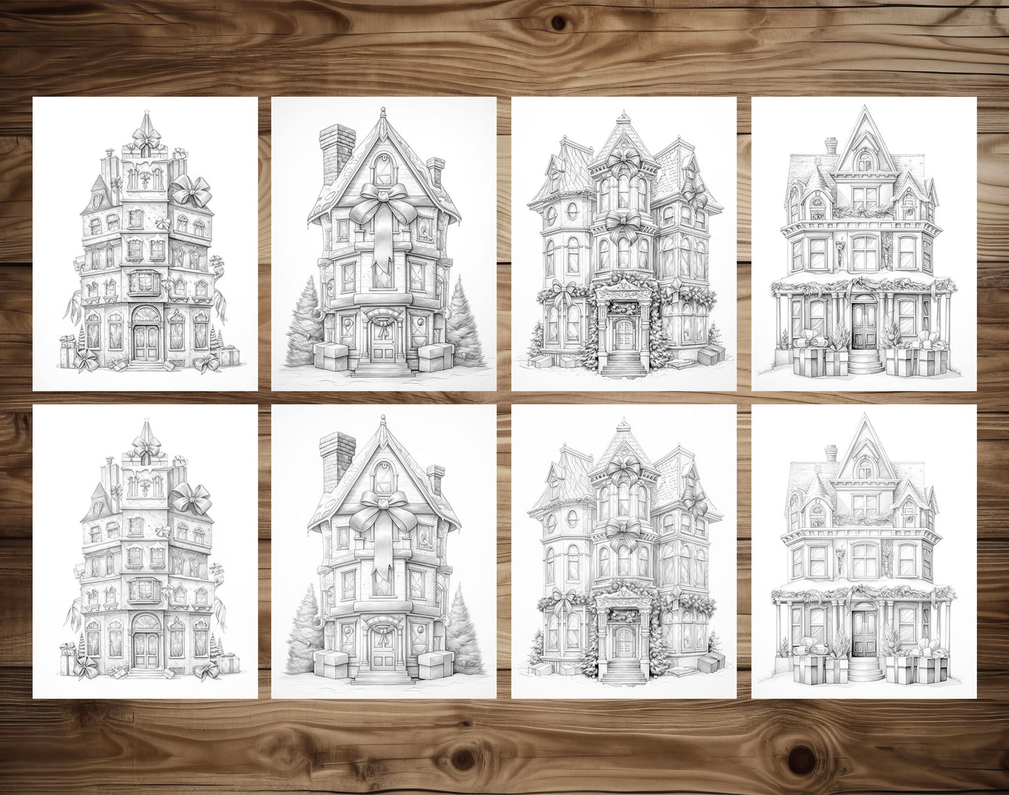 50 Gift Box House Grayscale Coloring Pages - Instant Download - Printable PDF Dark/Light – preview 7