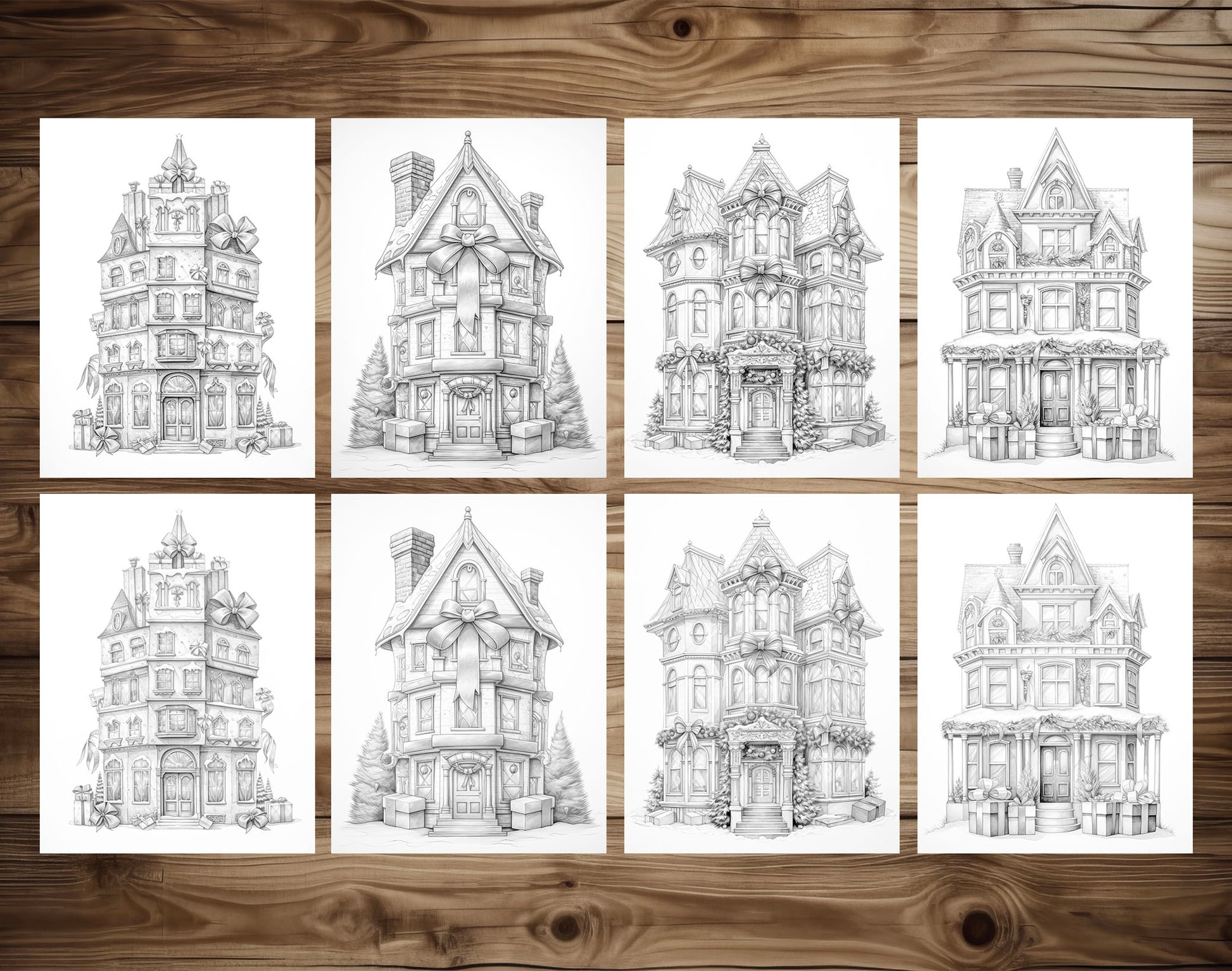 50 Gift Box House Grayscale Coloring Pages - Instant Download - Printable PDF Dark/Light – preview 7