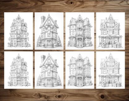 50 Gift Box House Grayscale Coloring Pages - Instant Download - Printable PDF Dark/Light – preview 7