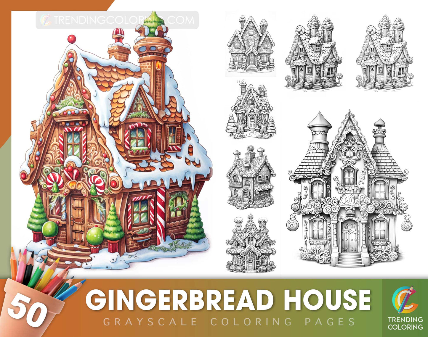 50 Gingerbread House Grayscale Coloring Pages - Instant Download - Printable PDF Dark/Light
