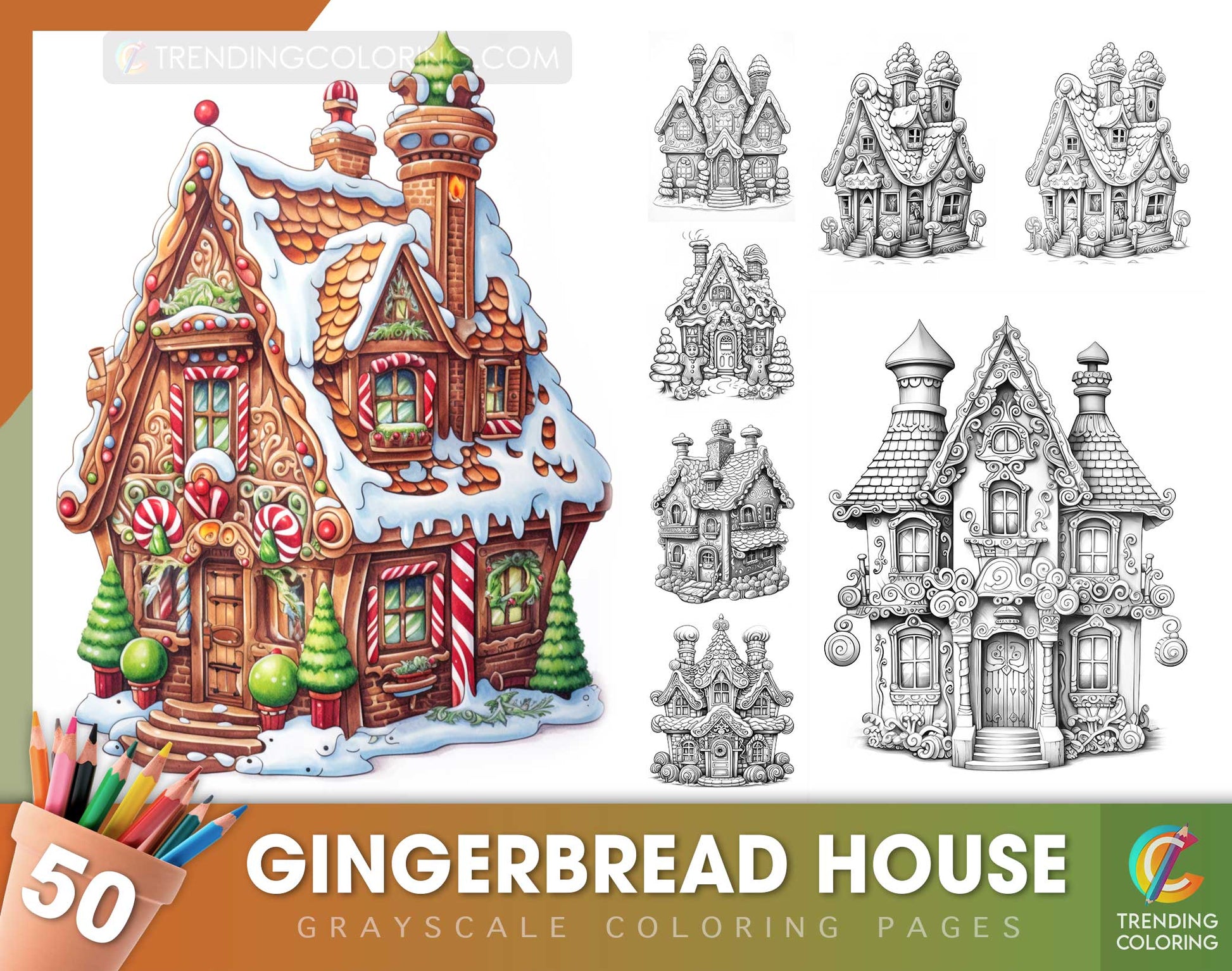 50 Gingerbread House Grayscale Coloring Pages - Instant Download - Printable PDF Dark/Light