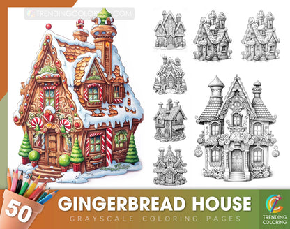 50 Gingerbread House Grayscale Coloring Pages - Instant Download - Printable PDF Dark/Light