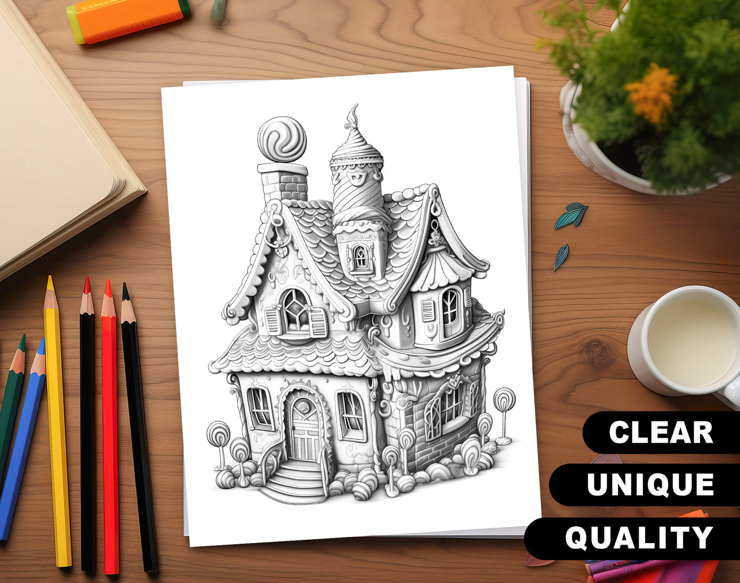50 Gingerbread House Grayscale Coloring Pages - Instant Download - Printable PDF Dark/Light – preview 3
