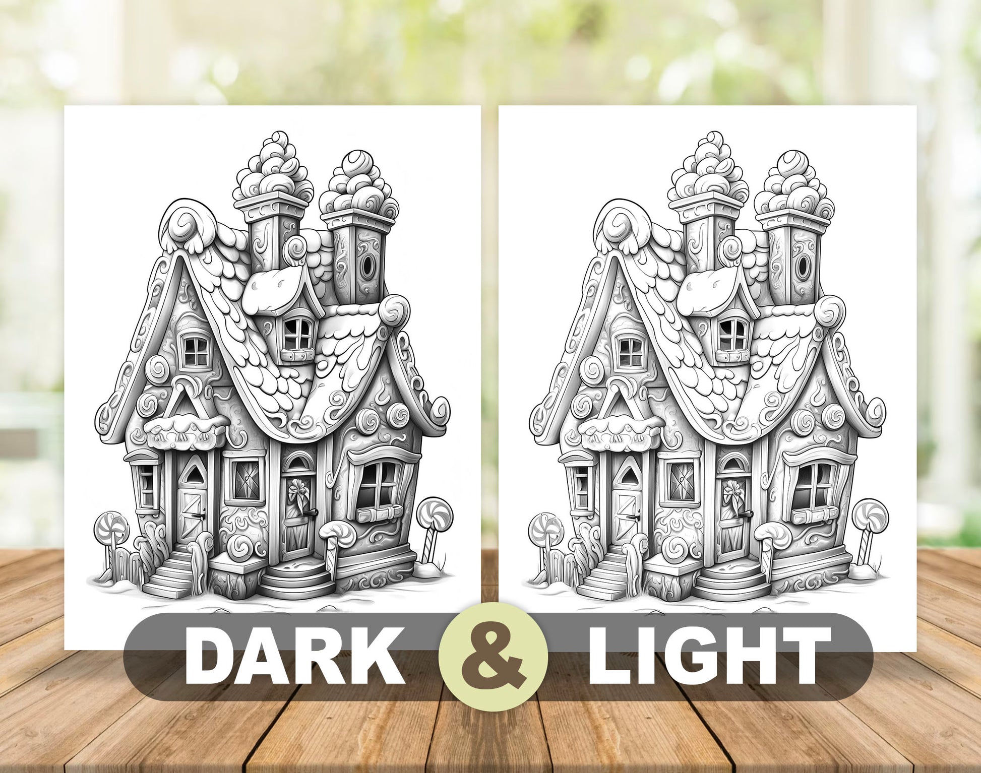 50 Gingerbread House Grayscale Coloring Pages - Instant Download - Printable PDF Dark/Light – preview 4