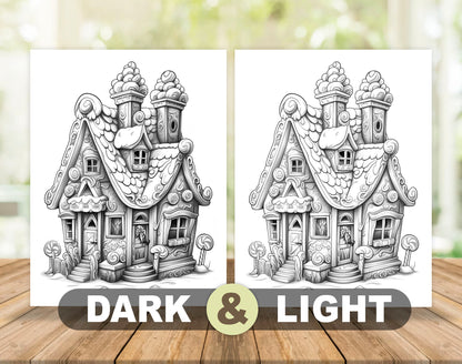 50 Gingerbread House Grayscale Coloring Pages - Instant Download - Printable PDF Dark/Light – preview 4