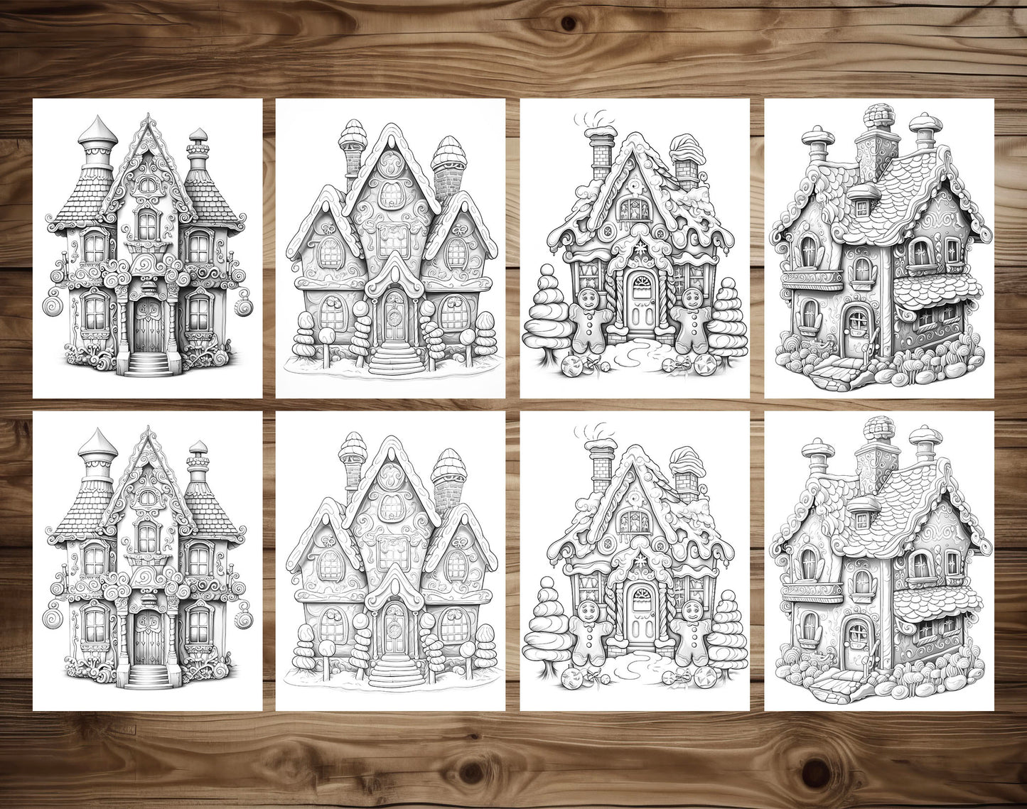 50 Gingerbread House Grayscale Coloring Pages - Instant Download - Printable PDF Dark/Light – preview 5