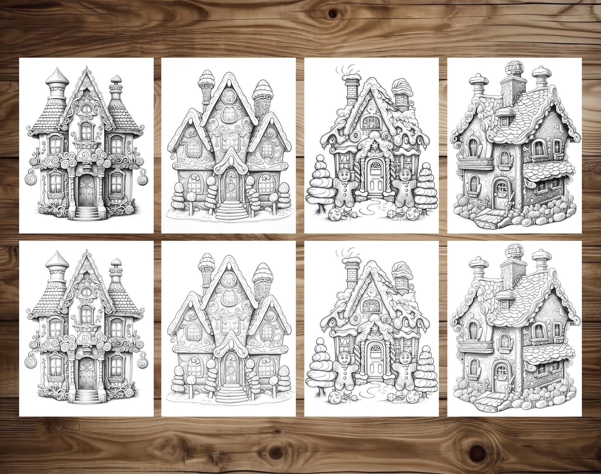 50 Gingerbread House Grayscale Coloring Pages - Instant Download - Printable PDF Dark/Light – preview 5