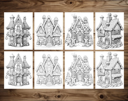 50 Gingerbread House Grayscale Coloring Pages - Instant Download - Printable PDF Dark/Light – preview 5