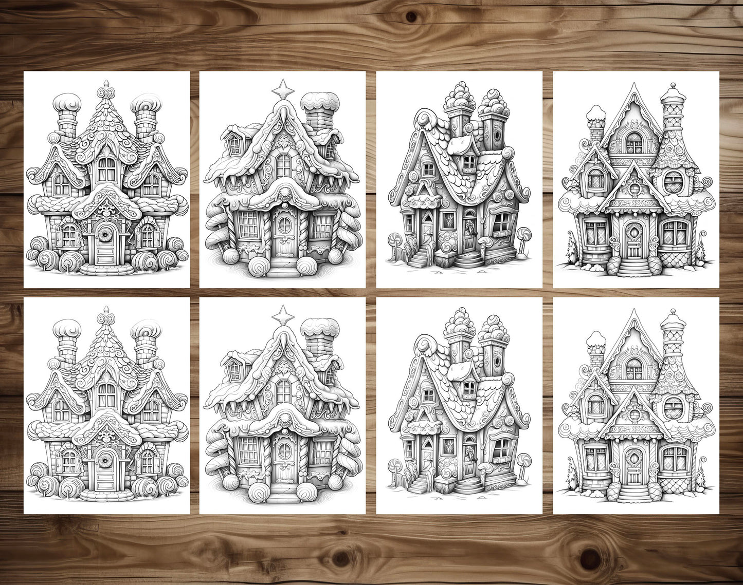 50 Gingerbread House Grayscale Coloring Pages - Instant Download - Printable PDF Dark/Light – preview 6