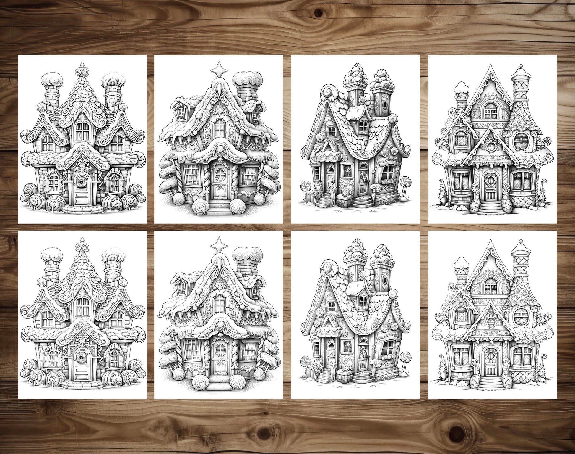 50 Gingerbread House Grayscale Coloring Pages - Instant Download - Printable PDF Dark/Light – preview 6