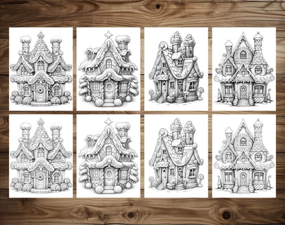 50 Gingerbread House Grayscale Coloring Pages - Instant Download - Printable PDF Dark/Light – preview 6