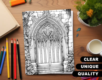 50 Gothic Doors Coloring Pages - Instant Download - Printable PDF – preview 3