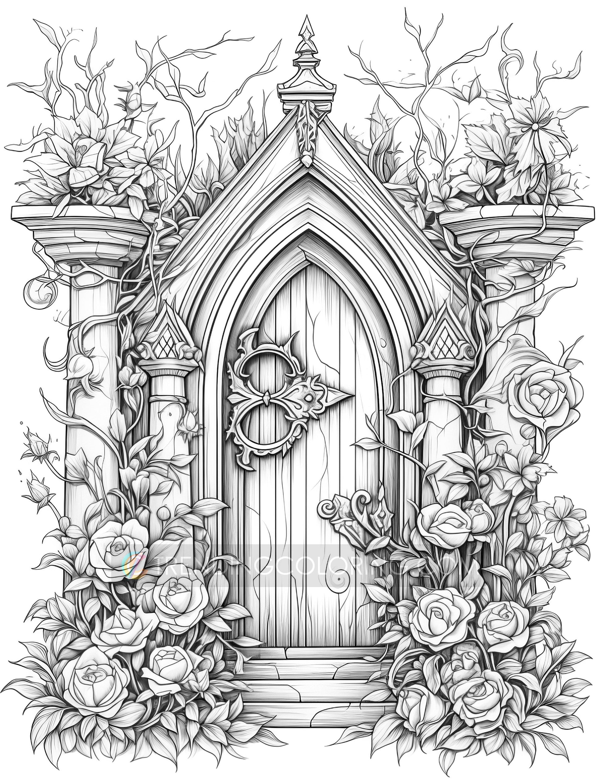50 Gothic Doors Coloring Pages - Instant Download - Printable PDF – preview 9