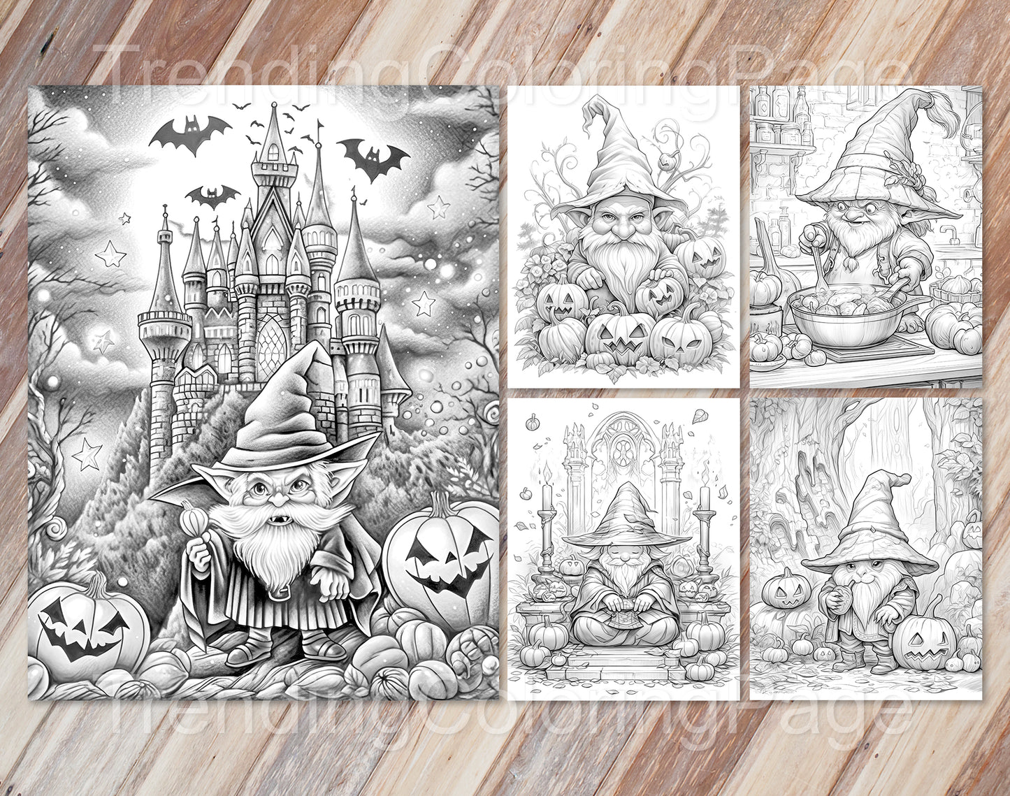50 Halloween Gnomes Grayscale Coloring Pages - Instant Download - Printable PDF Dark/Light – preview 2