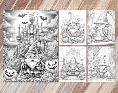 50 Halloween Gnomes Grayscale Coloring Pages - Instant Download - Printable PDF Dark/Light – preview 2