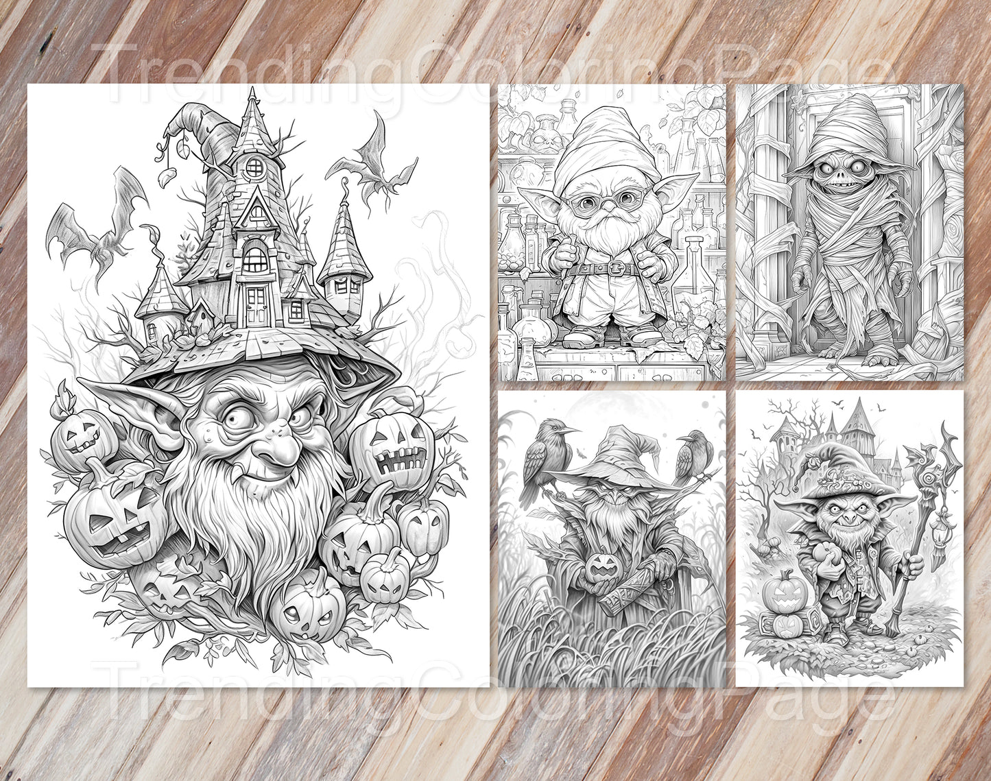 50 Halloween Gnomes Grayscale Coloring Pages - Instant Download - Printable PDF Dark/Light – preview 3