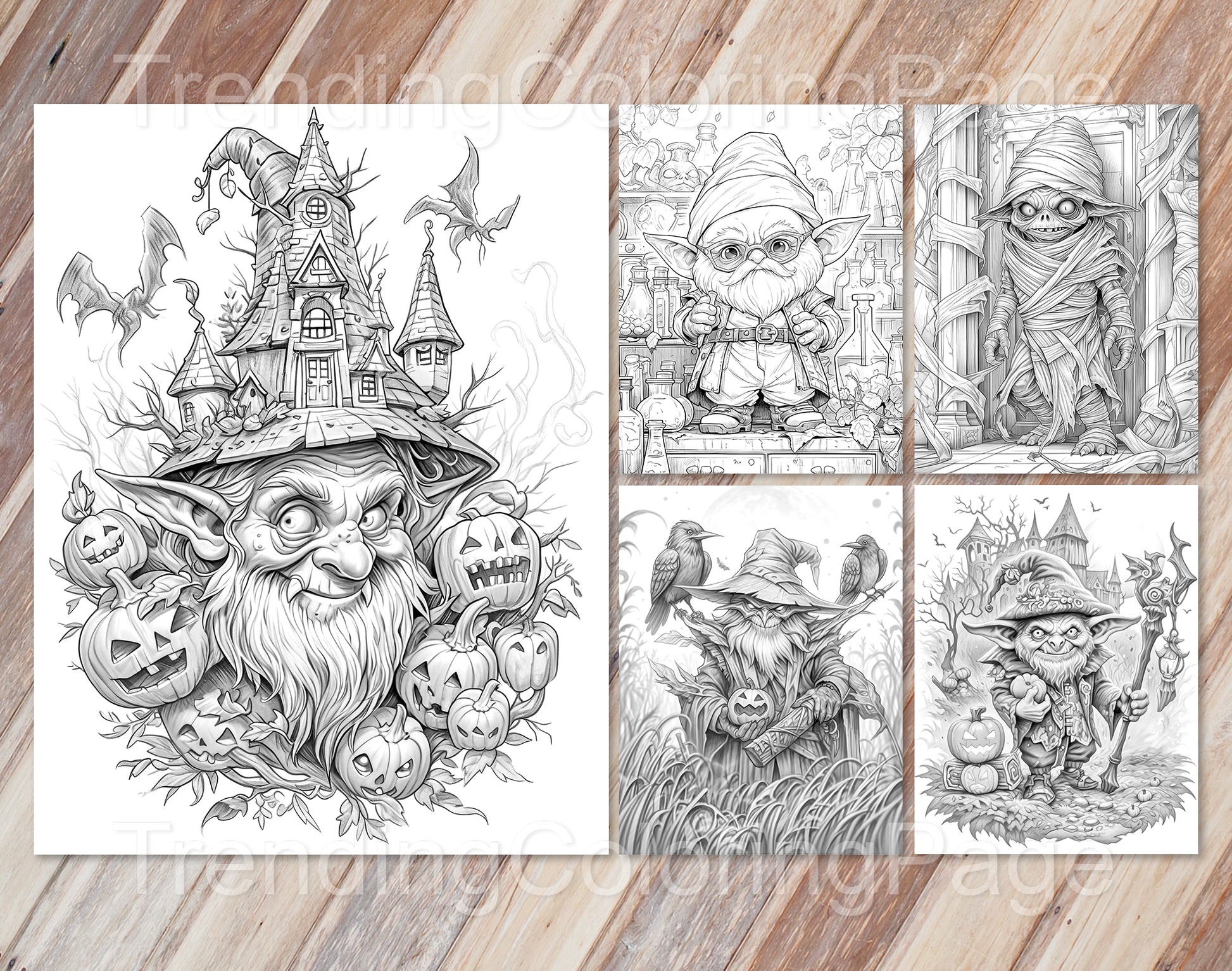 50 Halloween Gnomes Grayscale Coloring Pages - Instant Download - Printable PDF Dark/Light – preview 3