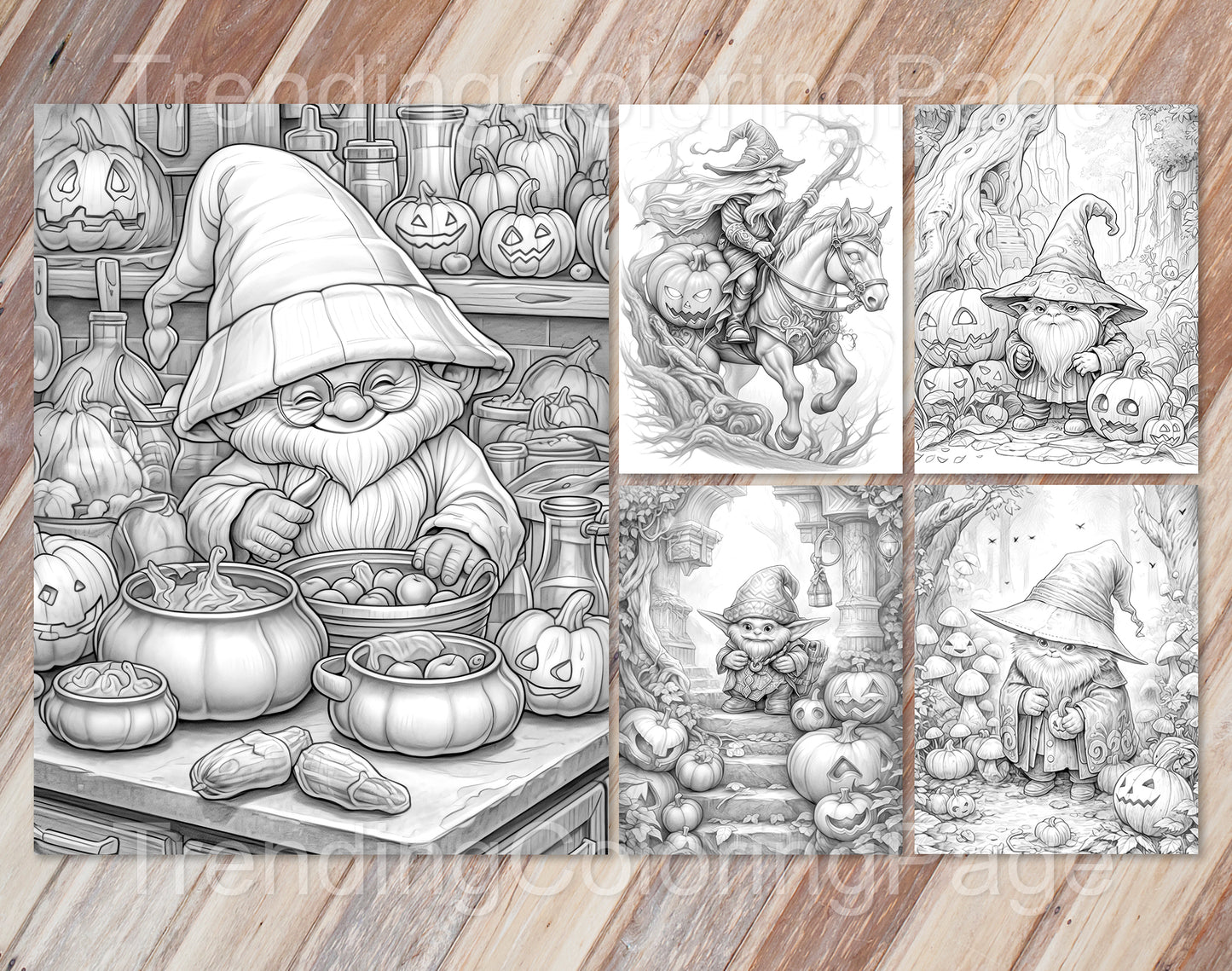 50 Halloween Gnomes Grayscale Coloring Pages - Instant Download - Printable PDF Dark/Light – preview 6