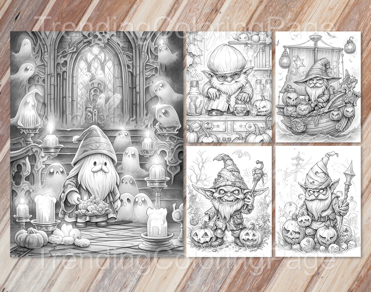 50 Halloween Gnomes Grayscale Coloring Pages - Instant Download - Printable PDF Dark/Light – preview 7