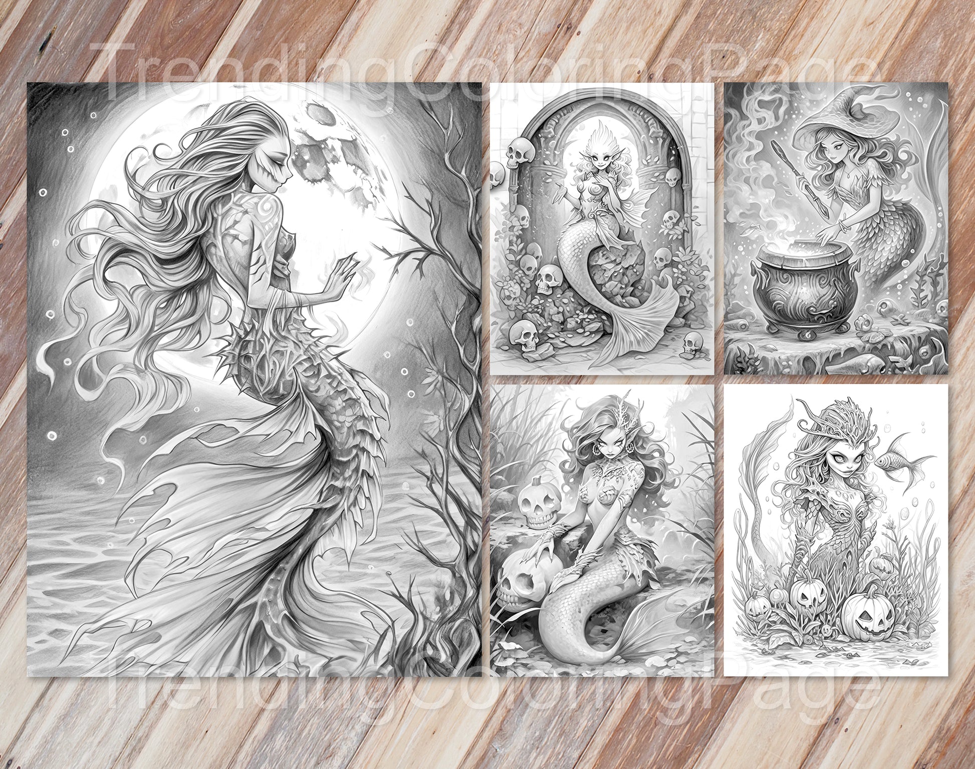 50 Halloween Mermaid Grayscale Coloring Pages - Instant Download - Printable PDF Dark/Light – preview 7